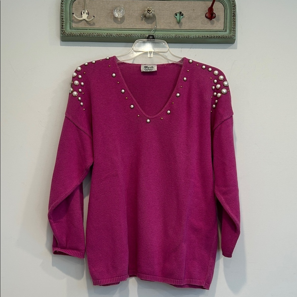 Vintage 80s Marilu Magenta V-Neck Sweater with Pearl Accents women’s large